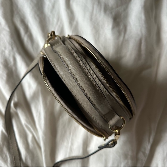 Round Leather Purse | Taupe Leather with Gold Hardware Crossbody Purse - Picture 4 of 5